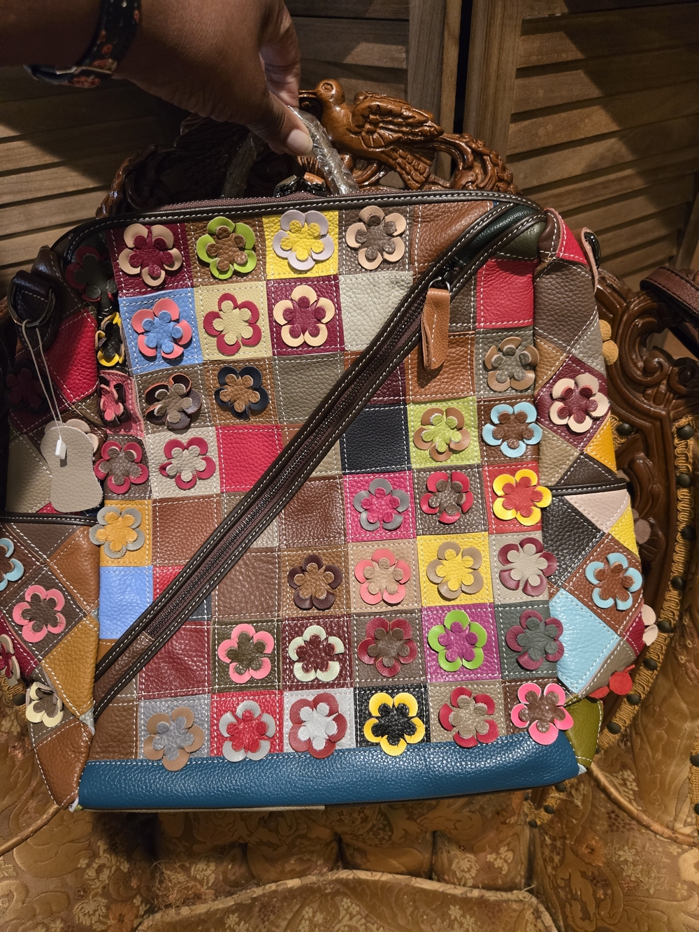 Colorful Patchwork Floral Leather Tote